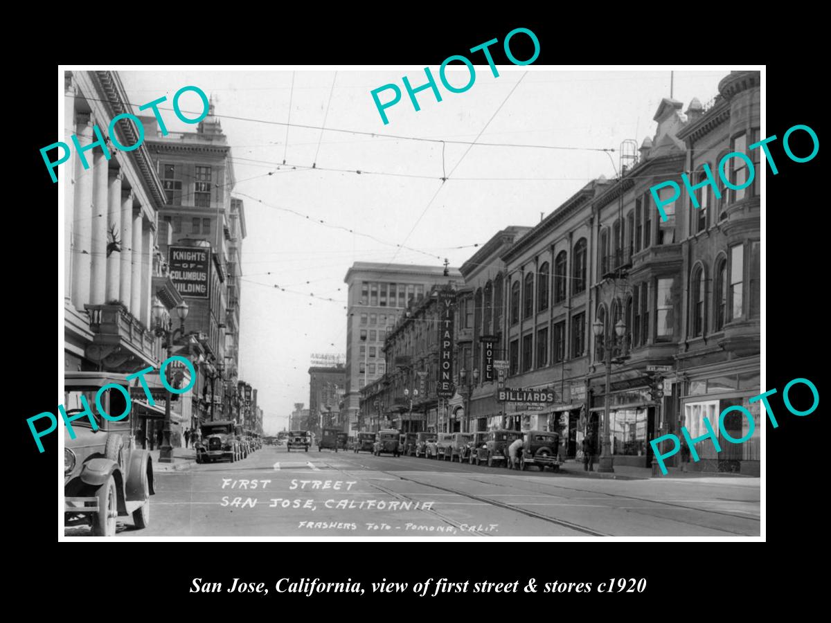 OLD LARGE HISTORIC PHOTO OF SAN JOSE CALIFORNIA, VIEW OF FIRST St & STORES c1920