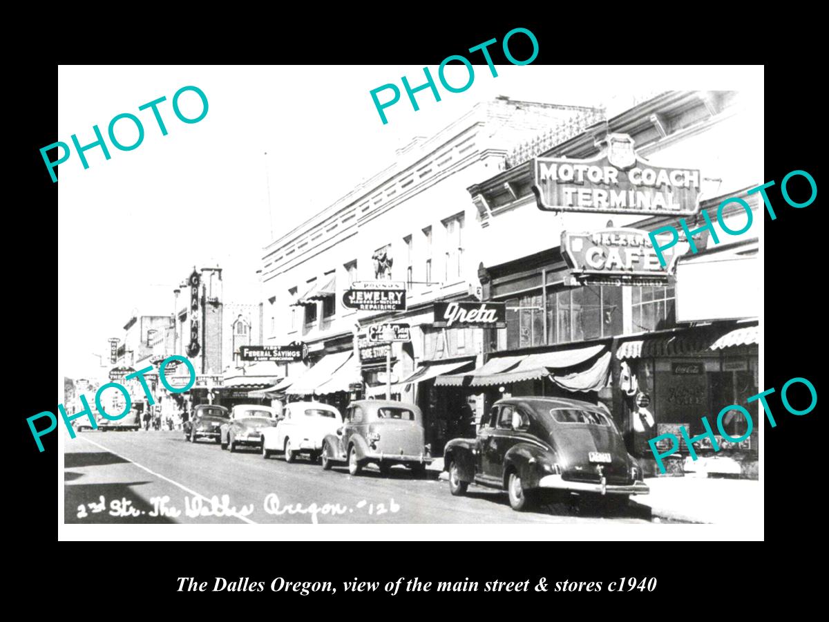 OLD LARGE HISTORIC PHOTO OF THE DALLES OREGON, THE MAIN St & STORES c1940