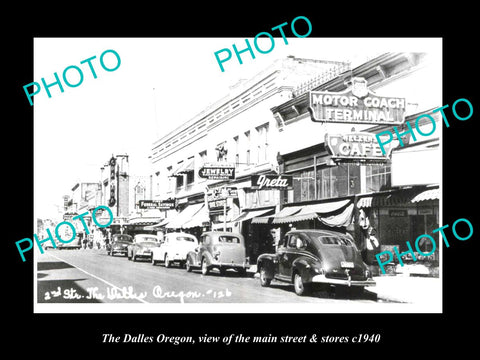 OLD LARGE HISTORIC PHOTO OF THE DALLES OREGON, THE MAIN St & STORES c1940