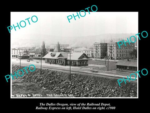 OLD LARGE HISTORIC PHOTO OF THE DALLES OREGON, RAILROAD DEPOT & HOTEL c1900