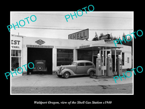 OLD LARGE HISTORIC PHOTO OF WALDPORT OREGON, THE SHELL GAS STATION c1940