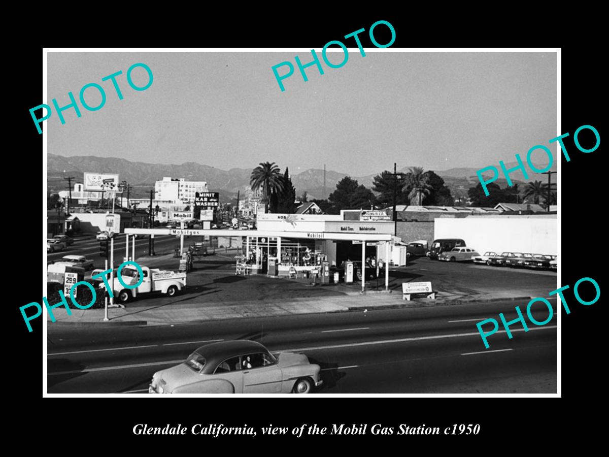 OLD LARGE HISTORIC PHOTO OF GLENDALE CALIFORNIA, THE MOBIL OIL GAS STATION c1950