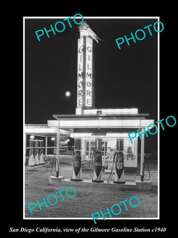 OLD LARGE HISTORIC PHOTO OF SAN DIEGO CALIFORNIA, GILMORE OIL GAS STATION 1940