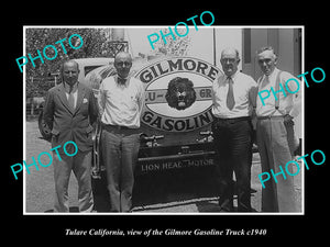 OLD LARGE HISTORIC PHOTO OF TULARE CALIFORNIA, GILMORE OIL GASOLINE TRUCK c1940