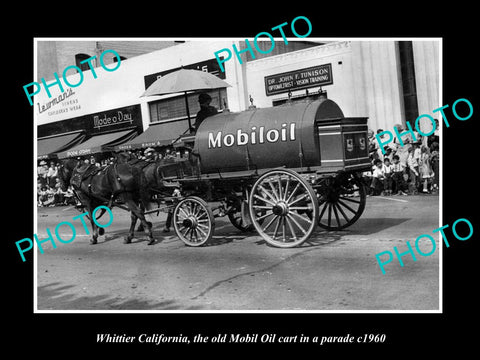 OLD LARGE HISTORIC PHOTO OF WHITTIER CALIFORNIA, THE MOBIL OIL HORSE WAGON c1960