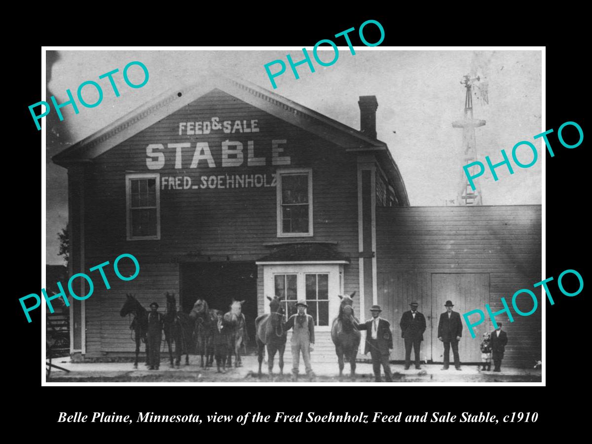 OLD HISTORIC PHOTO OF BELLE PLAINE MINNESOTA, THE SOEHNHOLZ HORSE STABLE c1910