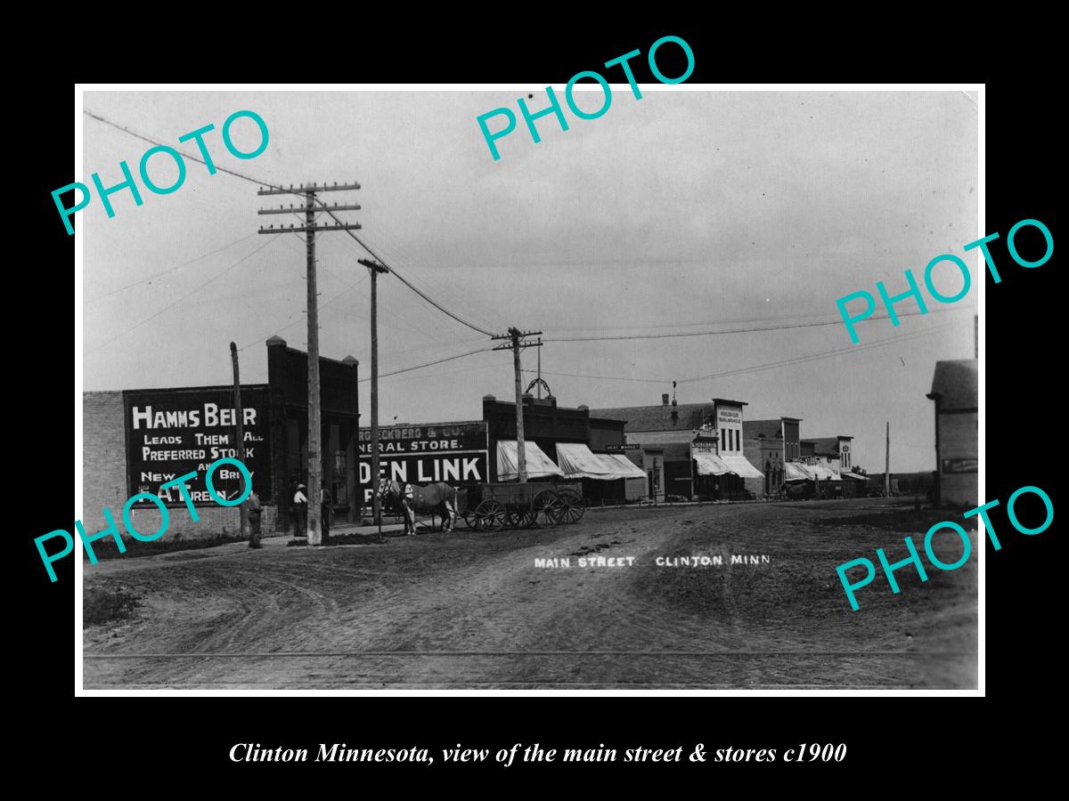 OLD LARGE HISTORIC PHOTO OF CLINTON MINNESOTA, THE MAIN STREET & STORES c1900