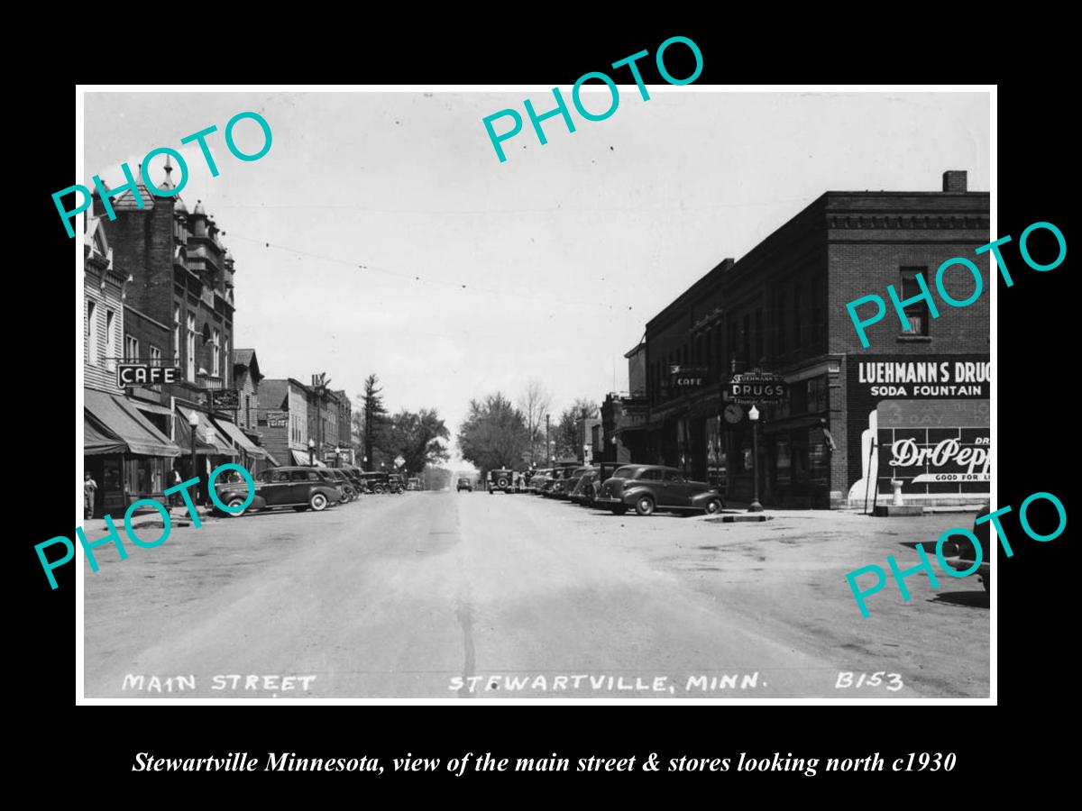 OLD LARGE HISTORIC PHOTO OF STEWARTVILLE MINNESOTA, MAIN STREET & STORES c1930