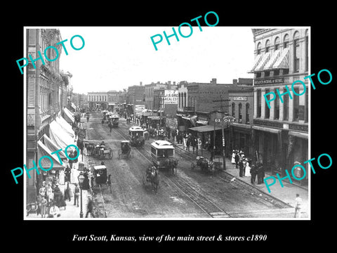 OLD LARGE HISTORIC PHOTO OF FORT SCOTT KANSAS, THE MAIN STREET & STORES c1890