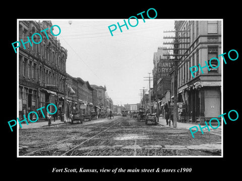 OLD LARGE HISTORIC PHOTO OF FORT SCOTT KANSAS, THE MAIN STREET & STORES c1900