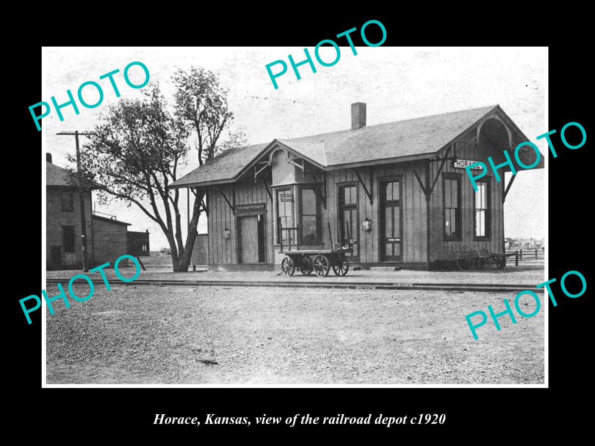 OLD LARGE HISTORIC PHOTO OF HORACE KANSAS, THE RAILROAD DEPOT STATION c1920