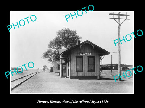 OLD LARGE HISTORIC PHOTO OF HORACE KANSAS, THE RAILROAD DEPOT STATION c1950