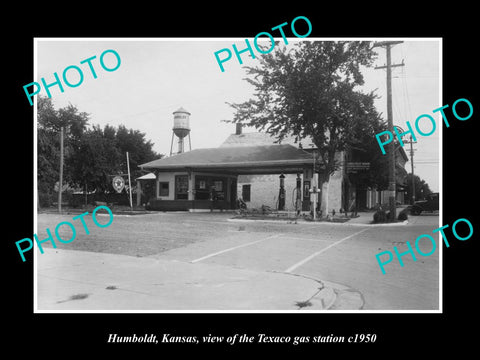 OLD LARGE HISTORIC PHOTO OF HUMBOLDT KANSAS, VIEW OF THE TEXACO GAS STATION 1950