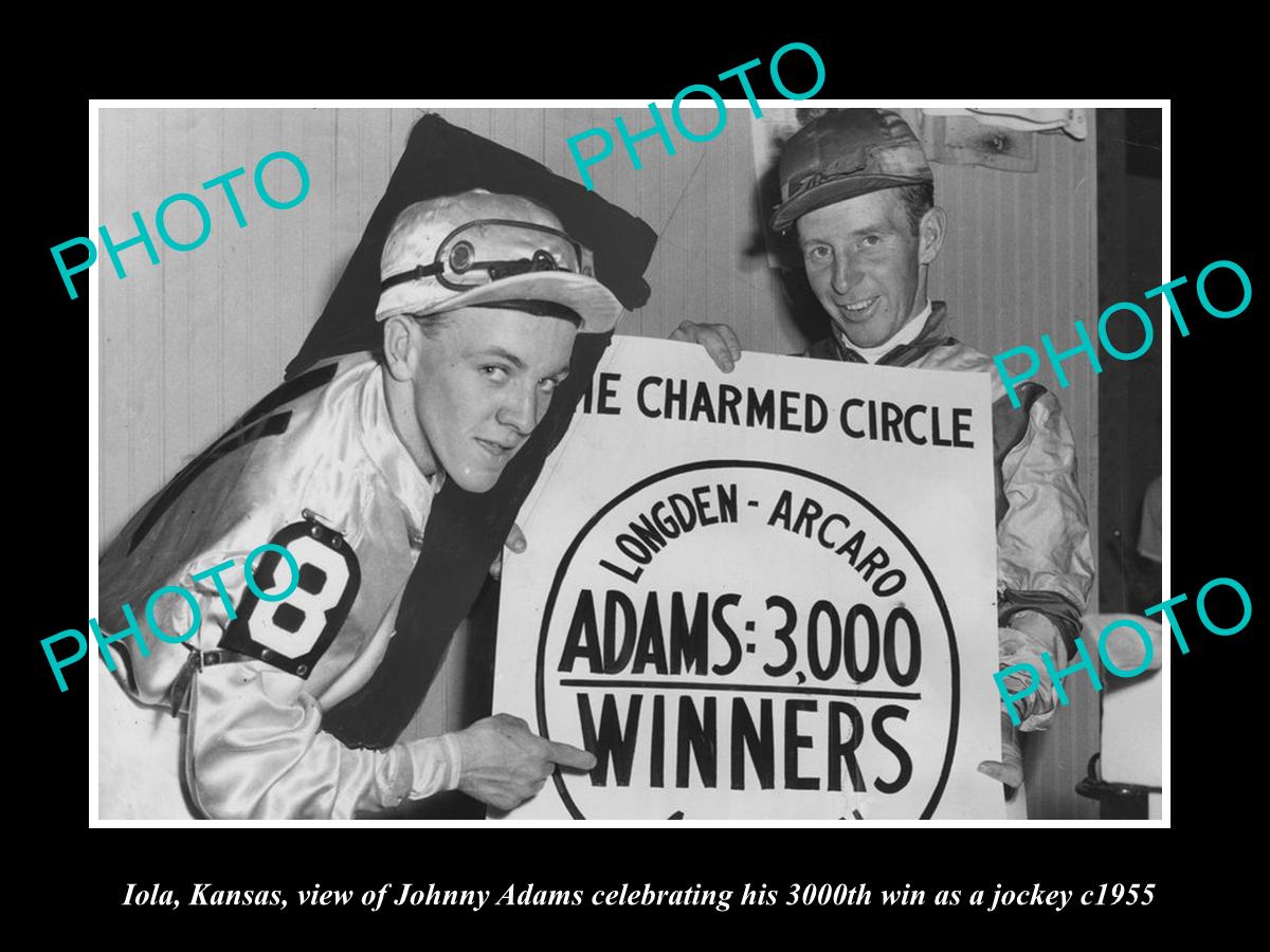 OLD LARGE HISTORIC PHOTO OF IOLA KANSAS, JOCKEY JOHNNY ADAMS 3000th WIN c1955