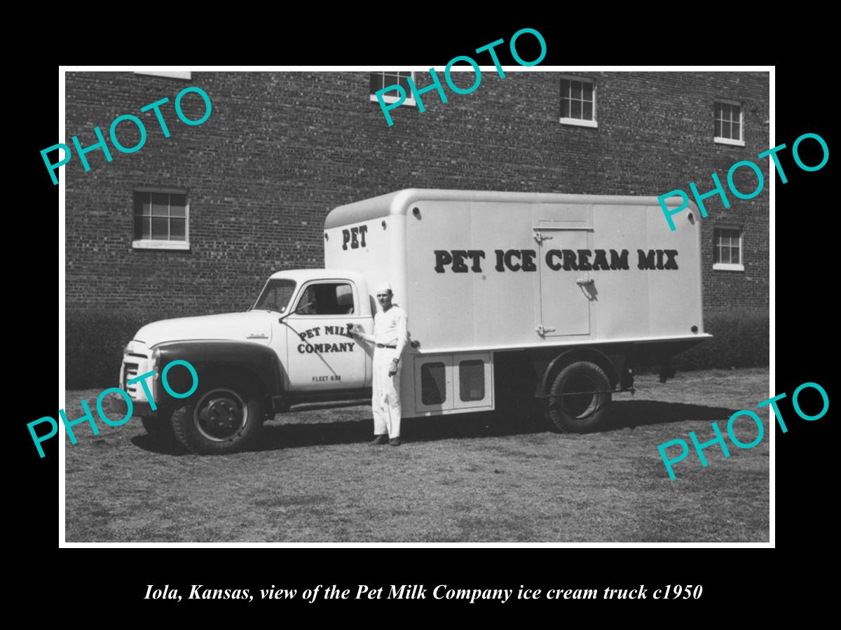 OLD LARGE HISTORIC PHOTO OF IOLA KANSAS, THE PET MILK Co ICE CREAM TRUCK c1950