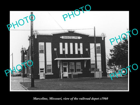 OLD LARGE HISTORIC PHOTO OF MARCELINA MISSOURI, VIEW OF THE RAILROAD DEPOT c1960