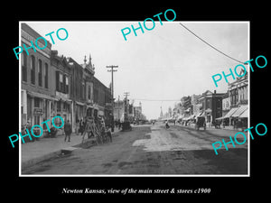 OLD LARGE HISTORIC PHOTO OF NEWTON KANSAS, VIEW OF THE MAIN St & STORES c1900