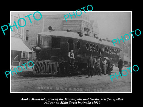 OLD LARGE HISTORIC PHOTO OF ANOKA MINNESOTA, THE RAILCAR ON THE MAIN STREET 1910