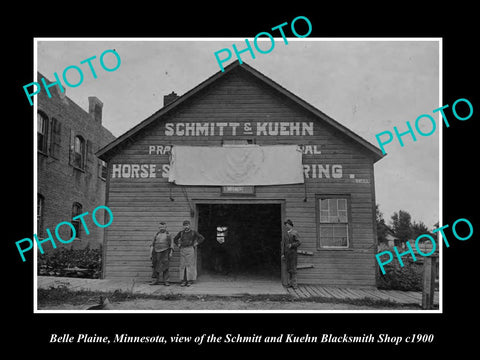 OLD LARGE HISTORIC PHOTO OF BELLE PLAINE MINNESOTA, SCHMITT BLACKSMITH SHOP 1900