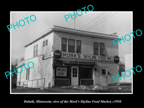 OLD LARGE HISTORIC PHOTO OF DULUTH MINNESOTA, THE MORK SKYLINE FOOD MARKET c1950