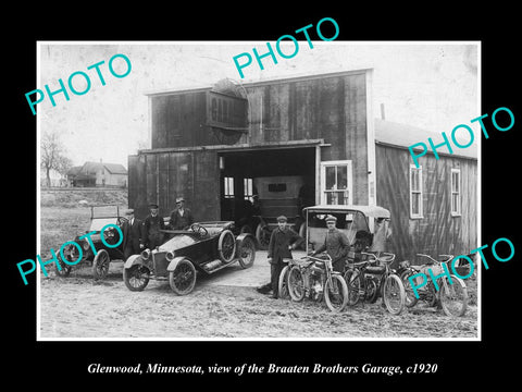 OLD LARGE HISTORIC PHOTO OF GLENWOOD MINNESOTA, THE BRAATEN BROS GARAGE c1920