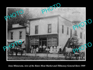 OLD LARGE HISTORIC PHOTO OF IONA MINNESOTA, THE BATES MEAT MARKET STORE c1909