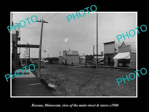 OLD LARGE HISTORIC PHOTO OF ROSEAU MINNESOTA, THE MAIN St & DRUG STORE c1900