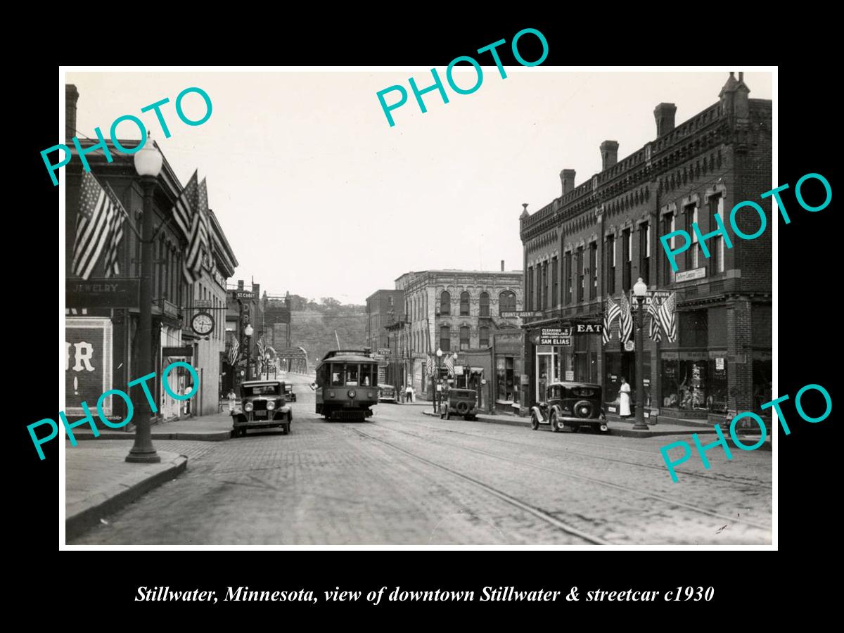 OLD LARGE HISTORIC PHOTO OF STILLWATER MINNESOTA, STREETCAR IN DOWNTOWN c1930