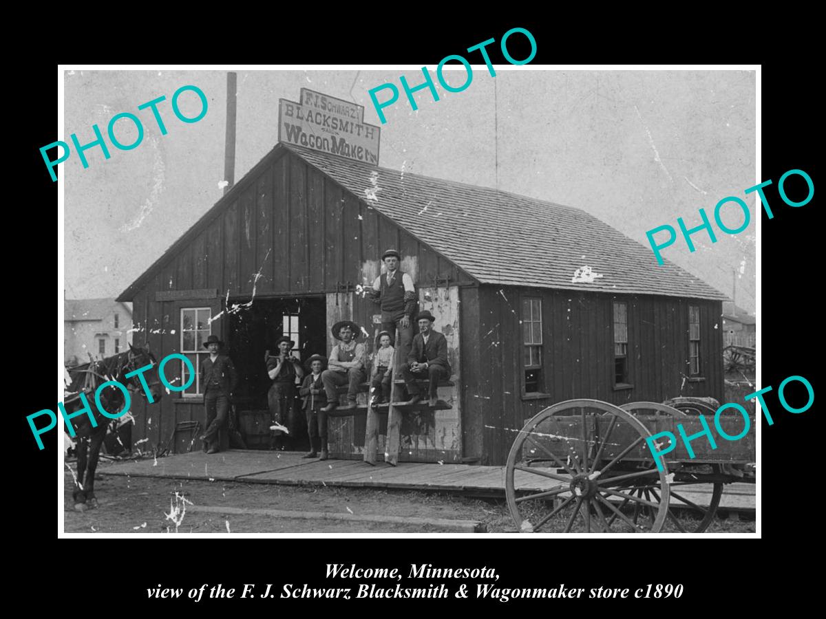 OLD LARGE HISTORIC PHOTO OF WELCOME MINNESOTA, THE SCHWARZ BLACKSMITH STORE 1890