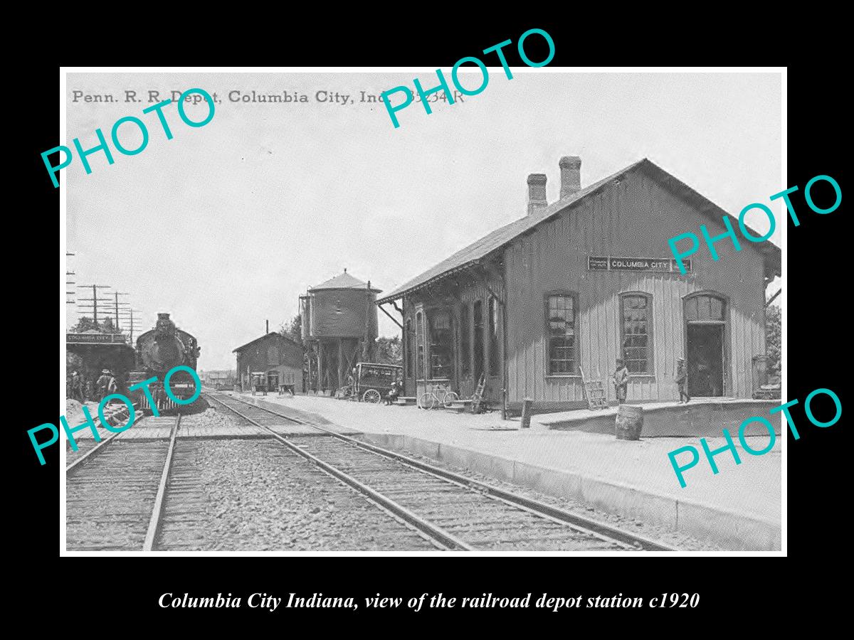 OLD LARGE HISTORIC PHOTO OF COLUMBIA CITY INDIANA, THE RAILROAD DEPOT c1920