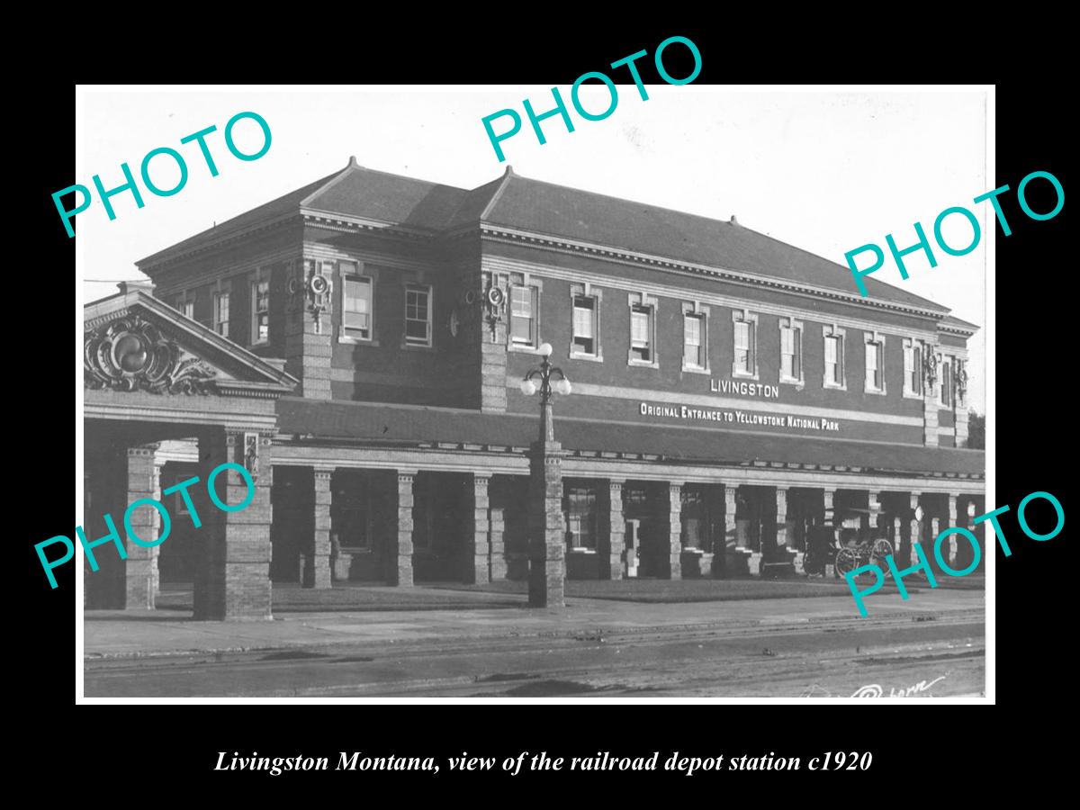 OLD LARGE HISTORIC PHOTO OF LIVINGSTON MONTANA, THE RAILROAD DEPOT STATION c1920