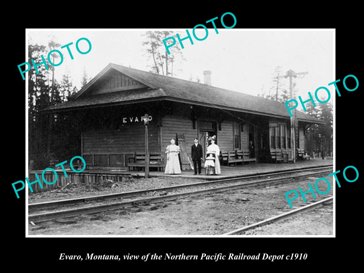 OLD LARGE HISTORIC PHOTO OF EVARO MONTANA, THE NP RAILROAD DEPOT STATION c1910