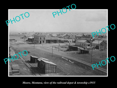 OLD LARGE HISTORIC PHOTO OF MOORE MONTANA, VIEW OF THE RAIL & TOWNSHIP c1915