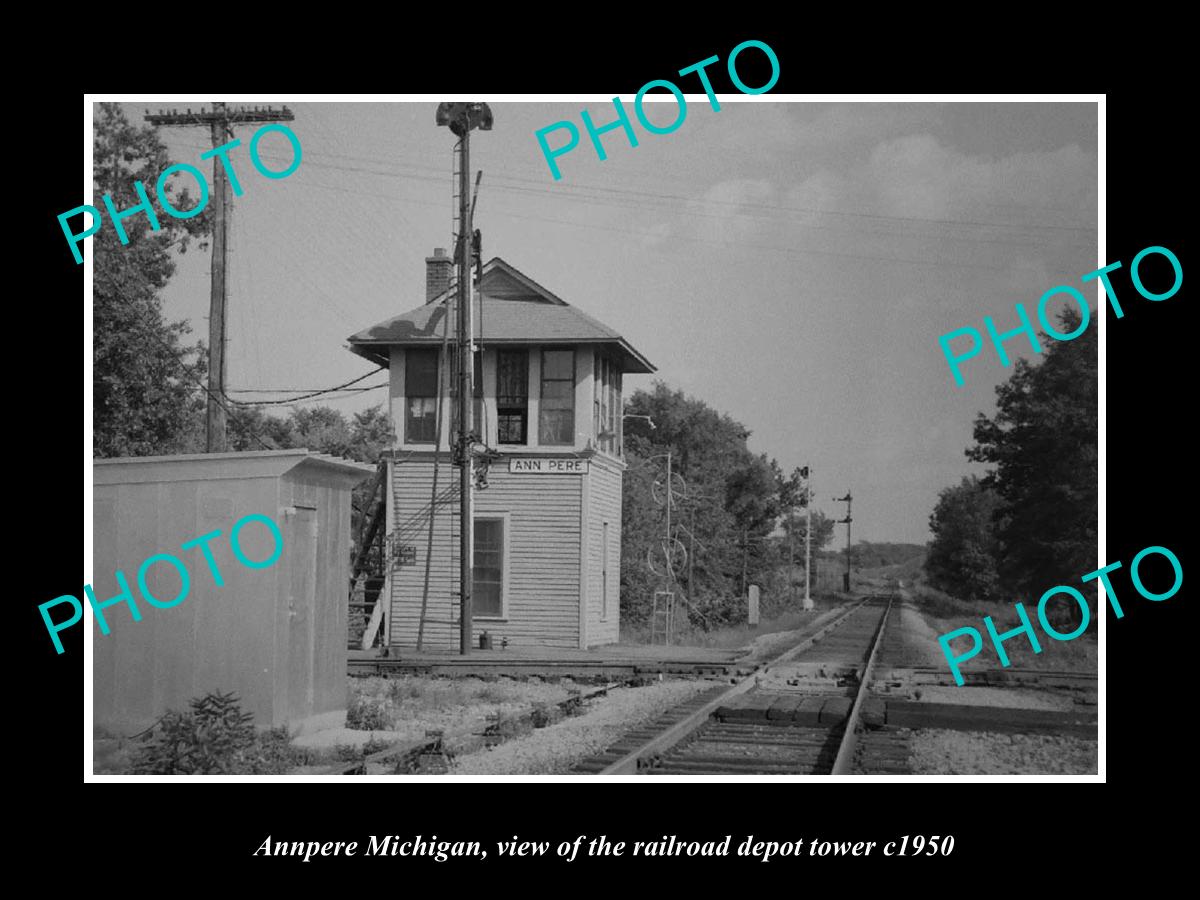 OLD LARGE HISTORIC PHOTO OF ANNPERE MICHIGAN, THE RAILROAD DEPOT TOWER c1950