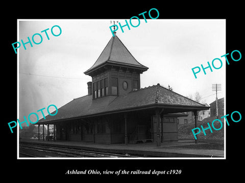 OLD LARGE HISTORIC PHOTO OF ASHLAND OHIO, VIEW OF THE RAILROAD DEPOT c1920