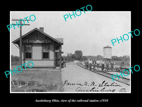 OLD LARGE HISTORIC PHOTO OF AUSTINBURG OHIO, VIEW OF THE RAILROAD DEPOT c1910
