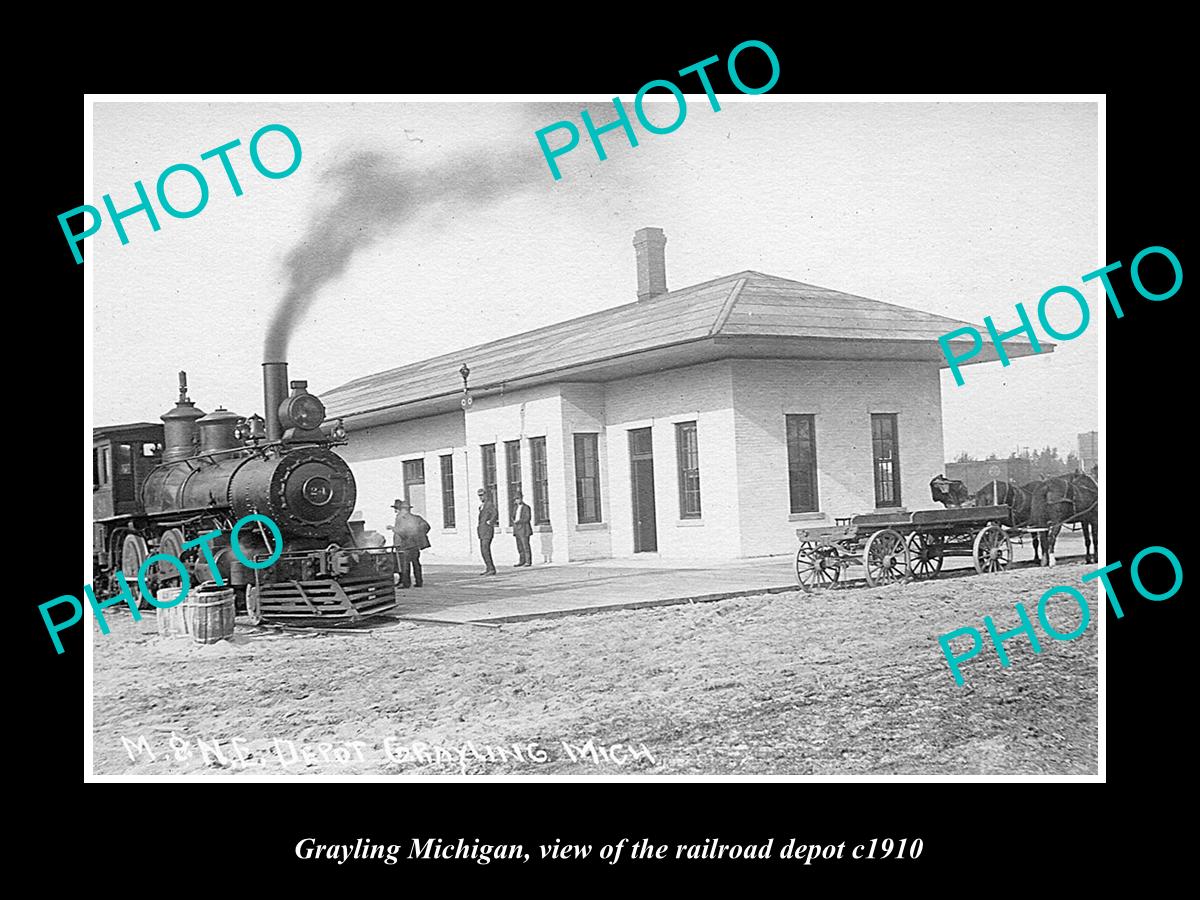 OLD LARGE HISTORIC PHOTO OF GRAYLING MICHIGAN, THE RAILROAD DEPOT c1910