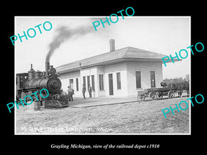 OLD LARGE HISTORIC PHOTO OF GRAYLING MICHIGAN, THE RAILROAD DEPOT c1910