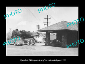 OLD LARGE HISTORIC PHOTO OF WYANDOTTE MICHIGAN, VIEW OF THE RAILROAD DEPOT c1950