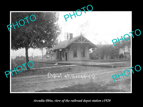 OLD LARGE HISTORIC PHOTO OF ARCADIA OHIO, THE RAILROAD DEPOT STATION c1920