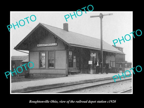 OLD LARGE HISTORIC PHOTO OF BOUGHTONVILLE OHIO, THE RAILROAD DEPOT STATION c1920