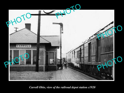 OLD LARGE HISTORIC PHOTO OF CARROLL OHIO, THE RAILROAD DEPOT STATION c1920