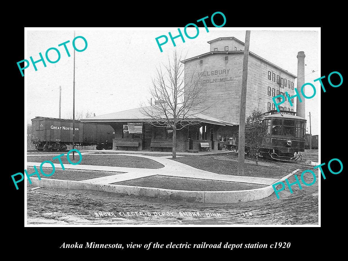 OLD LARGE HISTORIC PHOTO OF ANOKA MINNESOTA, THE ELECTRIC RAILROAD STATION c1920