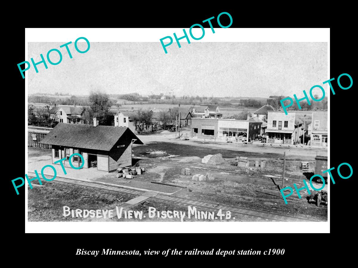 OLD LARGE HISTORIC PHOTO OF BISCAY MINNESOTA, THE RAILROAD DEPOT STATION c1900