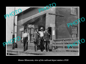 OLD LARGE HISTORIC PHOTO OF BRUNO MINNESOTA, THE RAILROAD DEPOT STATION c1920