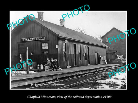 OLD LARGE HISTORIC PHOTO OF CHATFIELD MINNESOTA, THE RAILROAD DEPOT STATION 1900