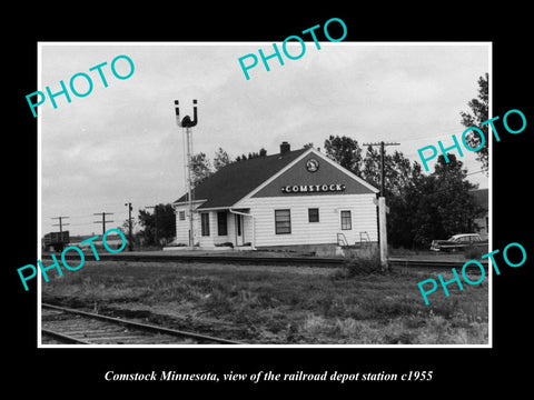 OLD LARGE HISTORIC PHOTO OF COMSTOCK MINNESOTA, THE RAILROAD DEPOT STATION c1955