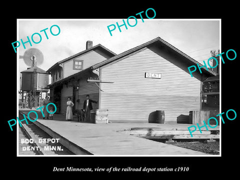 OLD LARGE HISTORIC PHOTO OF DENT MINNESOTA, THE RAILROAD DEPOT STATION c1910