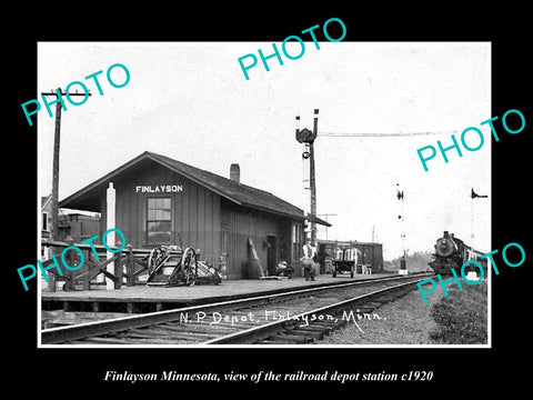 OLD LARGE HISTORIC PHOTO OF FINLAYSON MINNESOTA, RAILROAD DEPOT STATION c1920