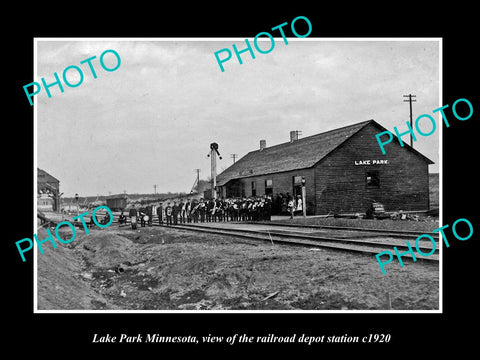 OLD LARGE HISTORIC PHOTO OF LAKE PARK MINNESOTA, THE RAILROAD DEPOT STATION 1920